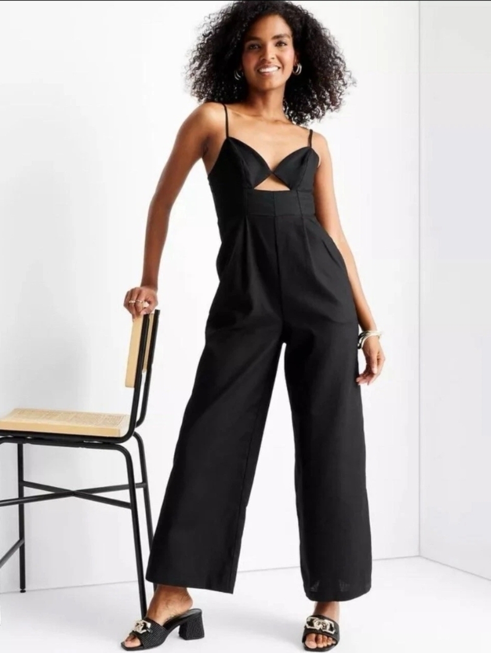 Future Collective Black Spaghetti-Strap Wide-Leg Cutout Jumpsuit